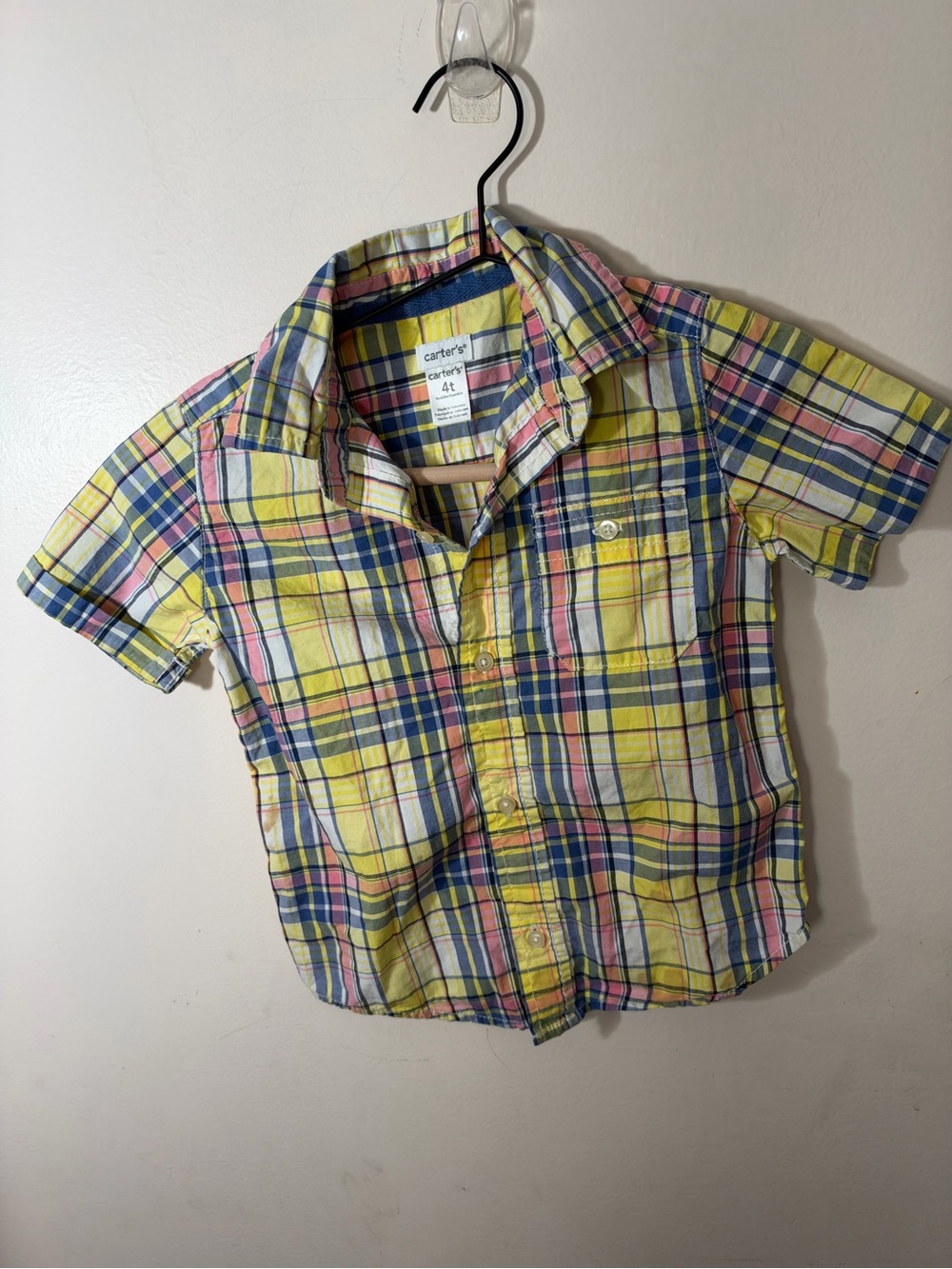 Carter's Yellow Plaid Short-Sleeve Button-Down Shirt with Pink & Blue Accents